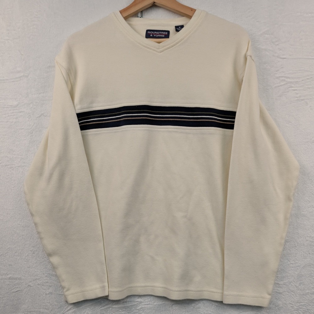 VTG Roundtree & Yorke Sweater Men's Medium Cream Navy Striped Skater Ribbed Y2K